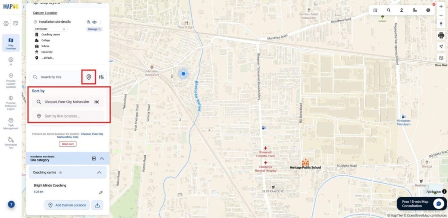 Sorting tool organizing locations by name or live distance to prioritize urgent tasks.
