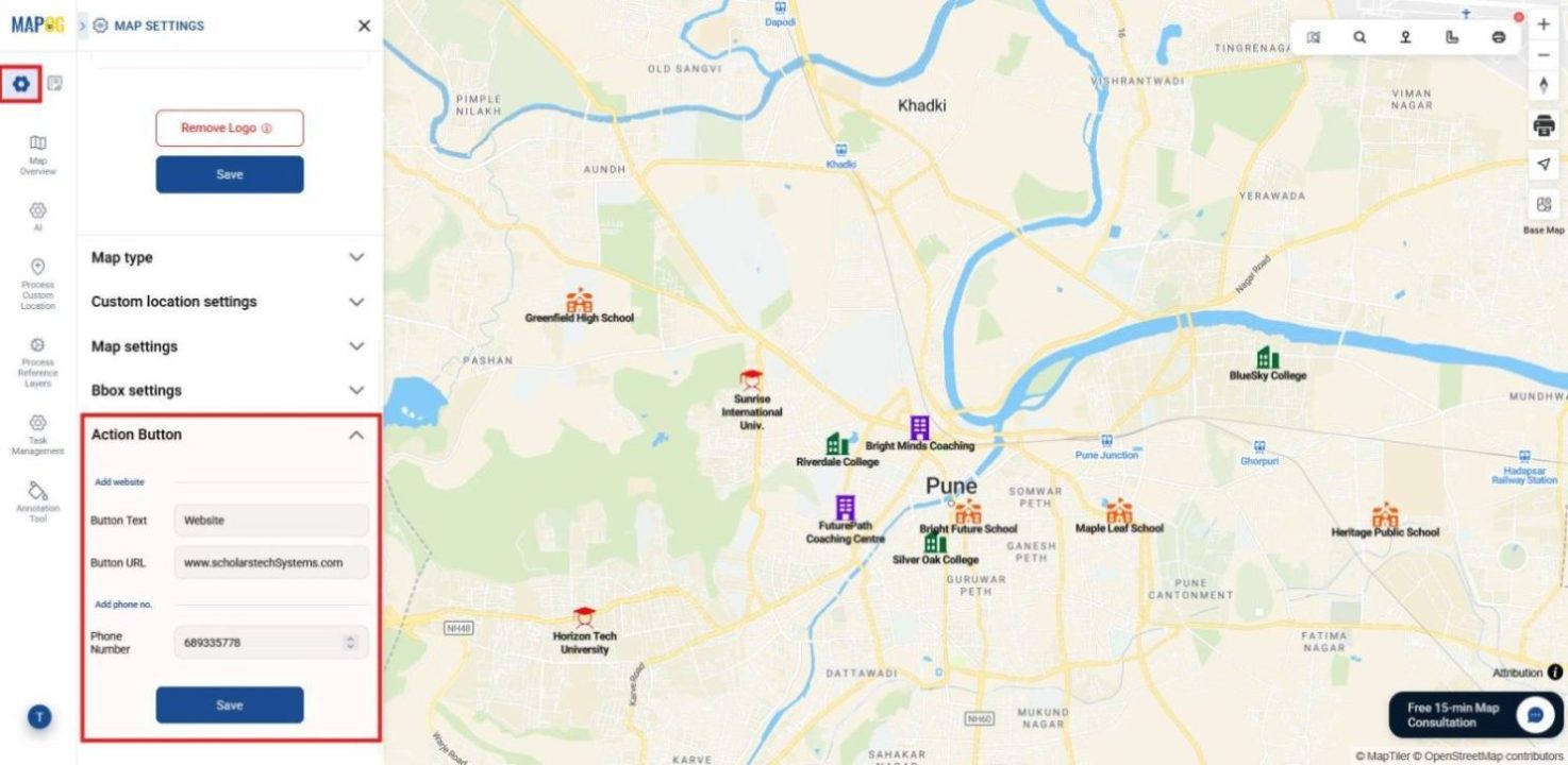 Map Settings Action Button showing options to add links or contact numbers of the company.