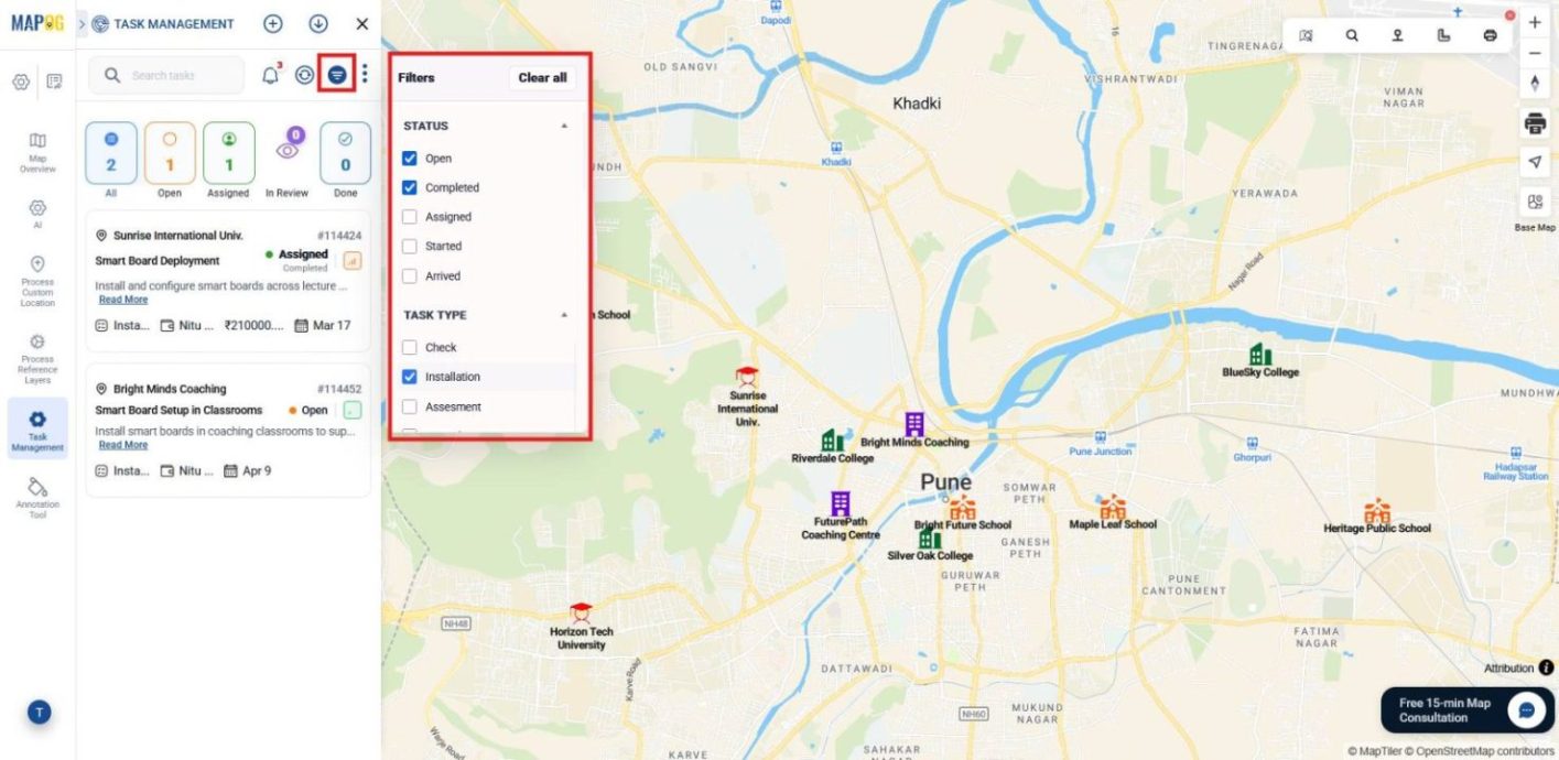 Admin dashboard monitoring task progress and filtering by type or status.