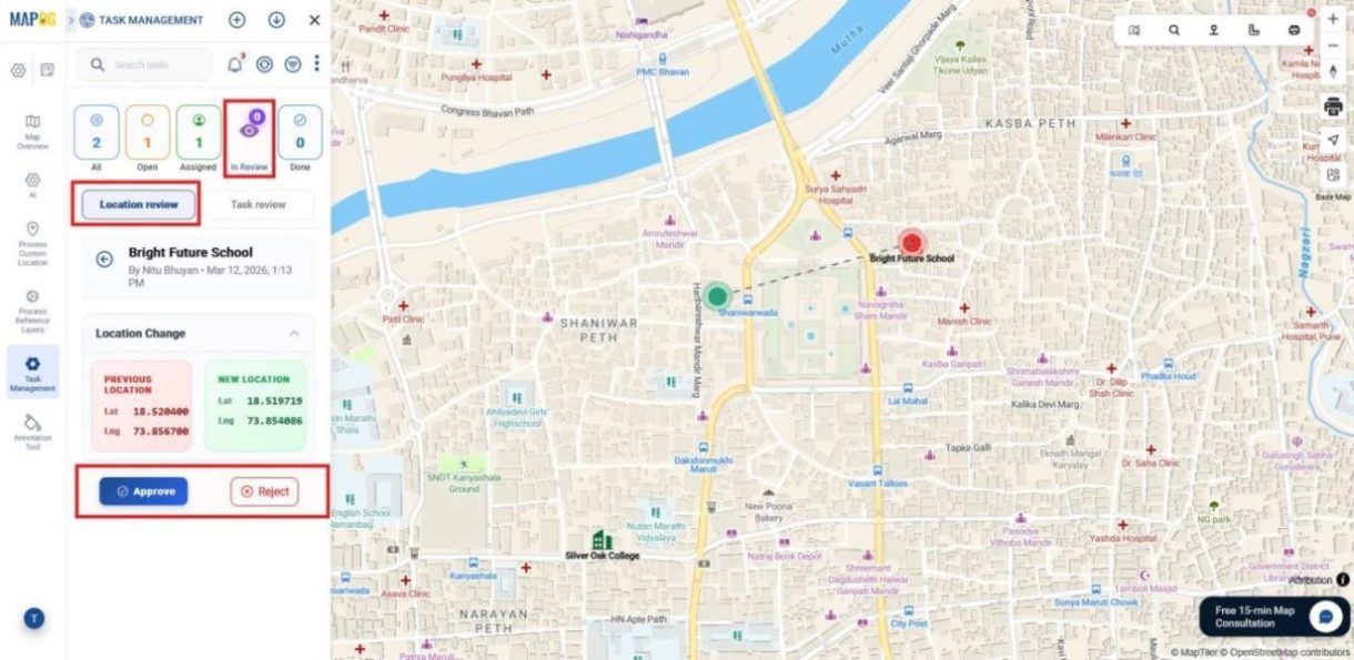 Reviewing location updates by the assignees on the dashboard after assigning installation jobs to locations.