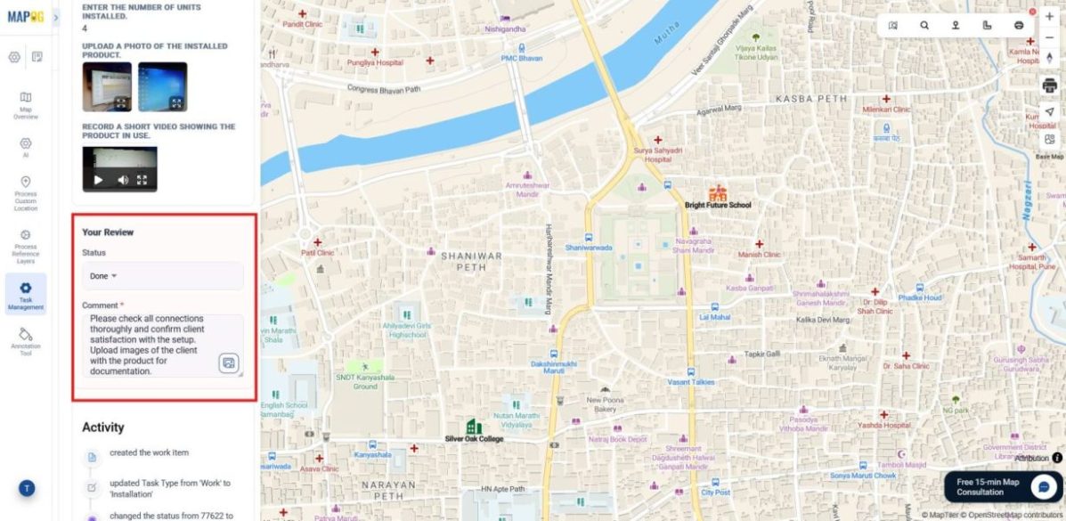 Shows reviewing completion forms and updating task status and adding comments.