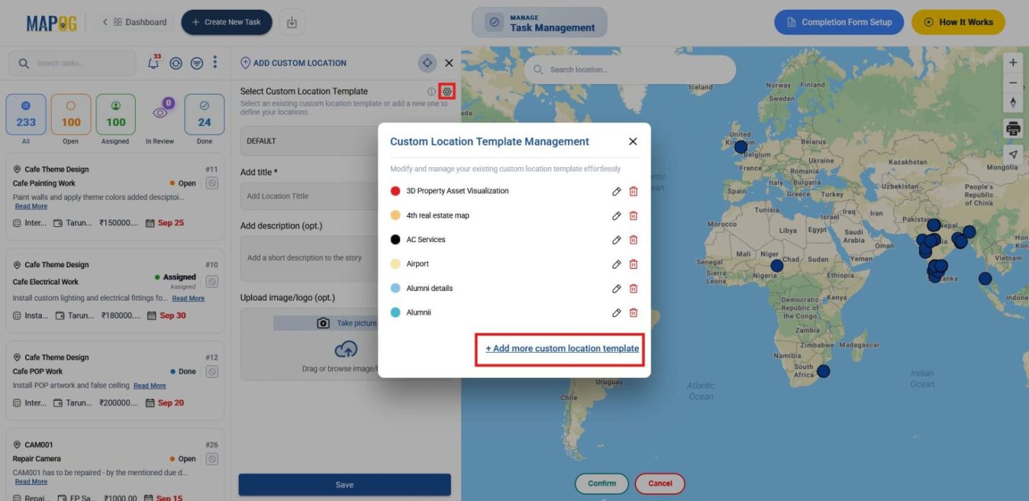 Shows settings menu with “Add More Custom Location Template” for assigning installation jobs to locations.