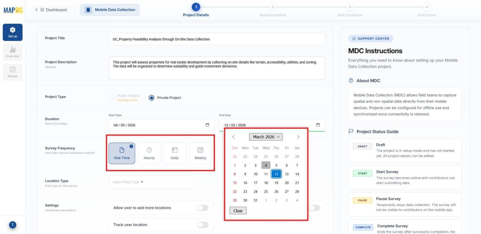 Shows project setup screen with fields like project title, description, dates, and survey frequency.