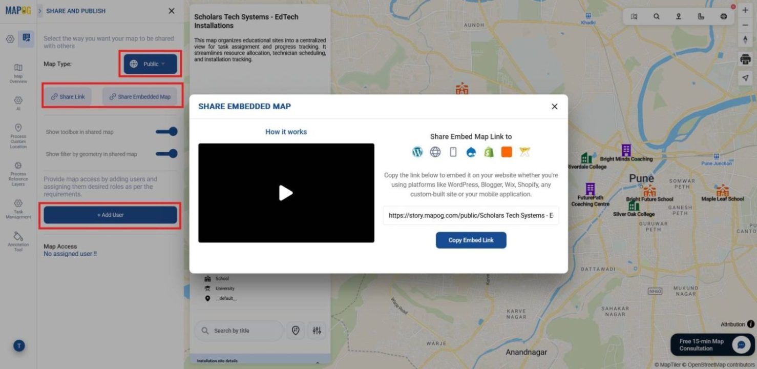 Shows Preview and Share screen  with user roles and embed map  option after  completing tasks for assigned installation jobs to locations