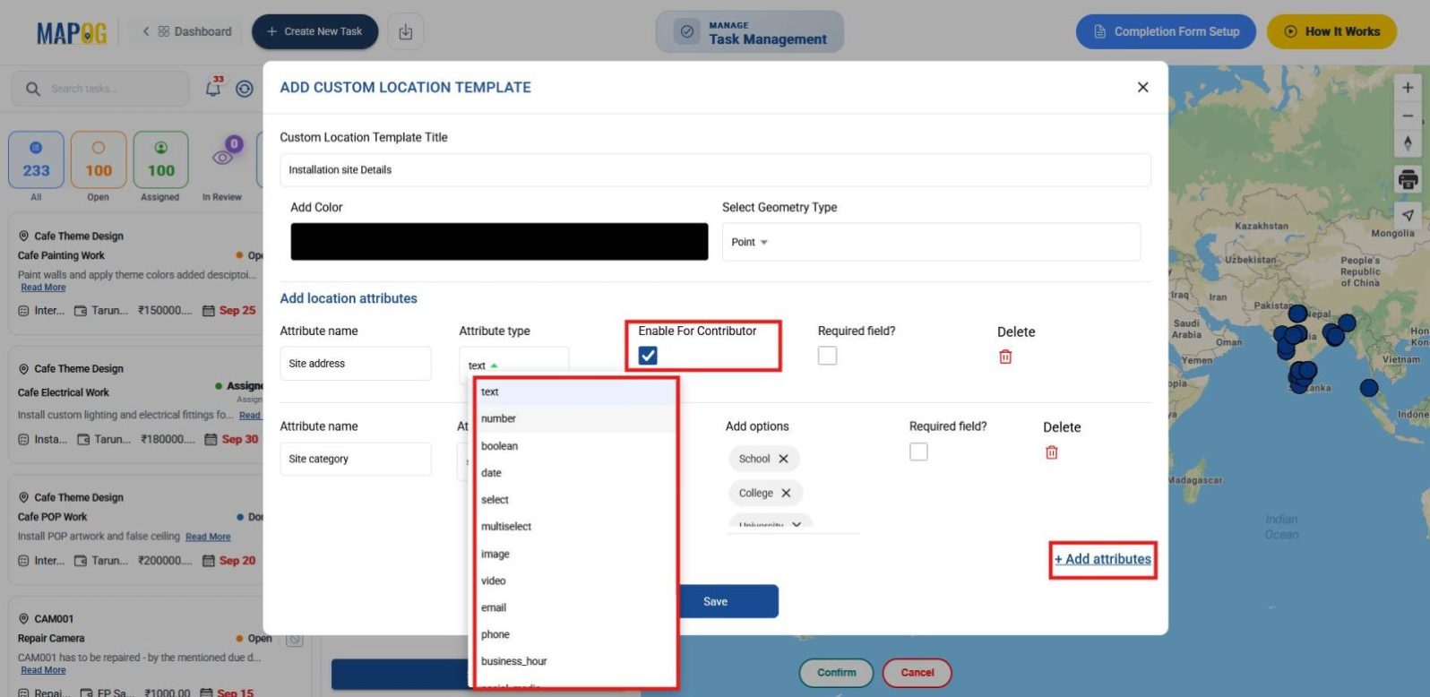 Displaying template form with point geometry, attributes, and contributor access for assigning installation jobs to locations.