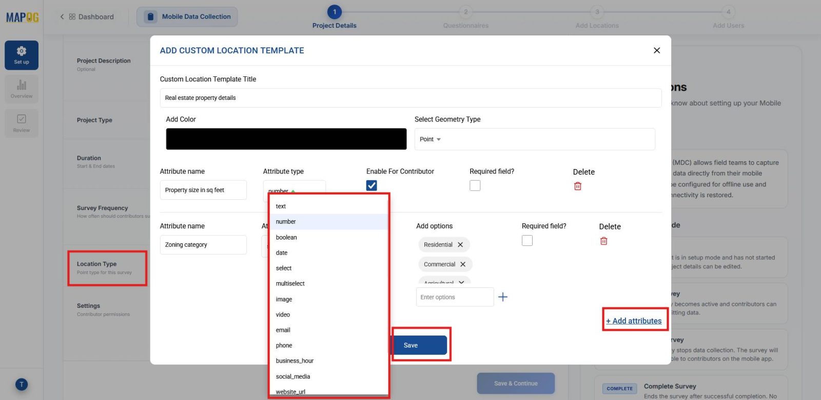 Interface shows creating new location template with attributes like property size, ownership, zoning and more.