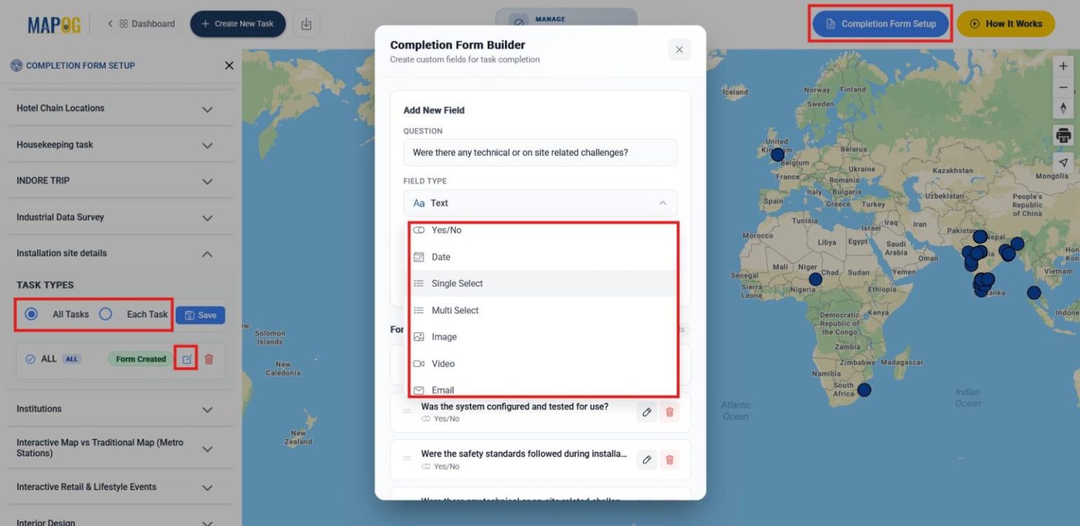 Customized completion form setup with questions  linked to the location template to assign installation jobs to locations.