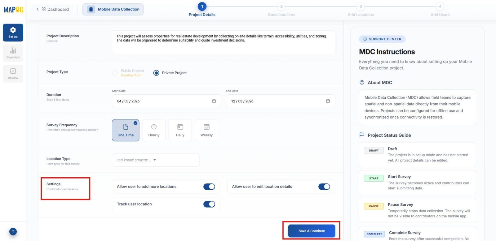 Settings panel showing Add Location and Edit Location permissions for contributors.