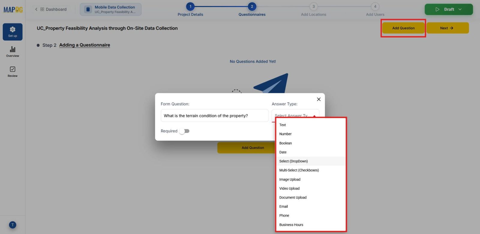 Survey question builder showing different answer type options to help users search properties and perform feasibility analysis.