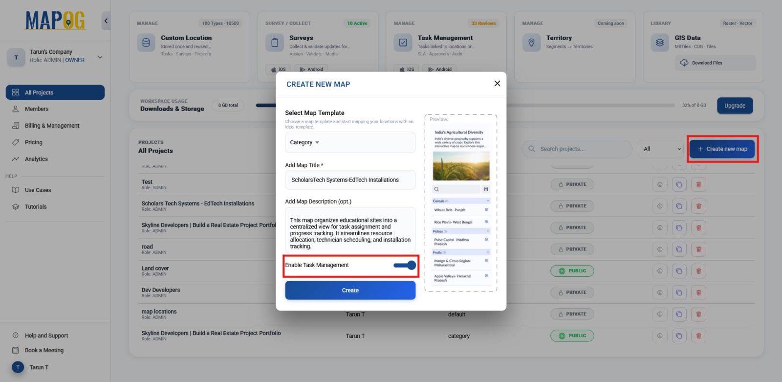 Shows Create New Map interface with project type, title, description, and Task Management for assigning installation jobs to locations.