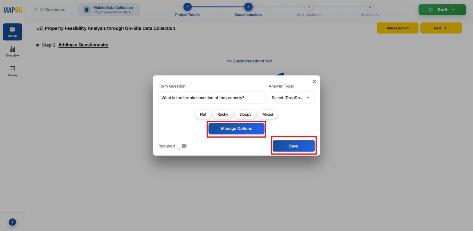 Shows manage option for refining survey answer options.