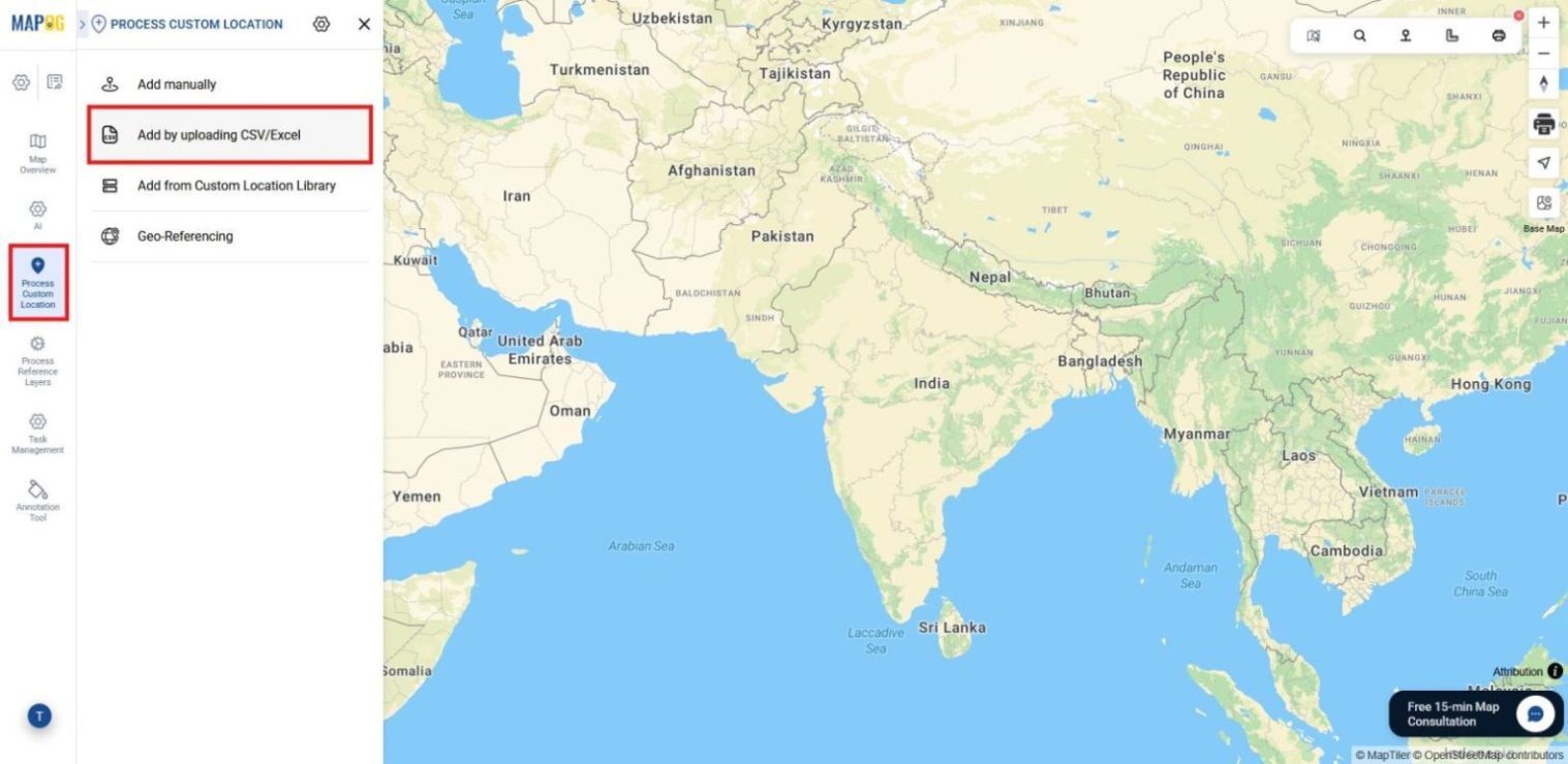 Shows process custom location and option to add excel/CSV file filled with site details.