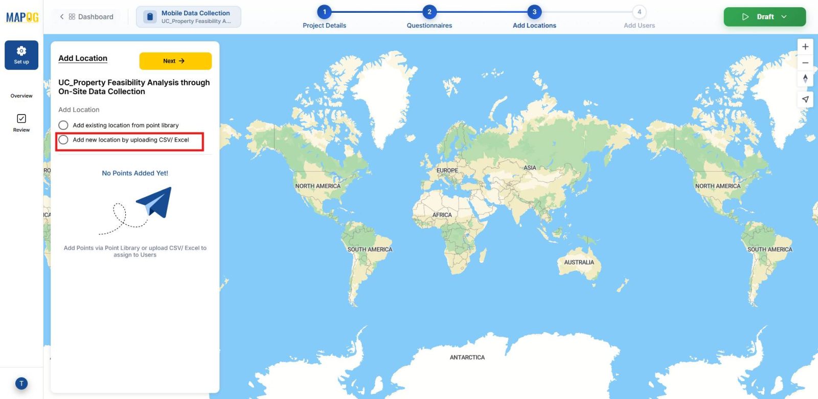Interface for bulk site uploads via CSV or Excel to map property locations enabling users to search properties and perform feasibility.