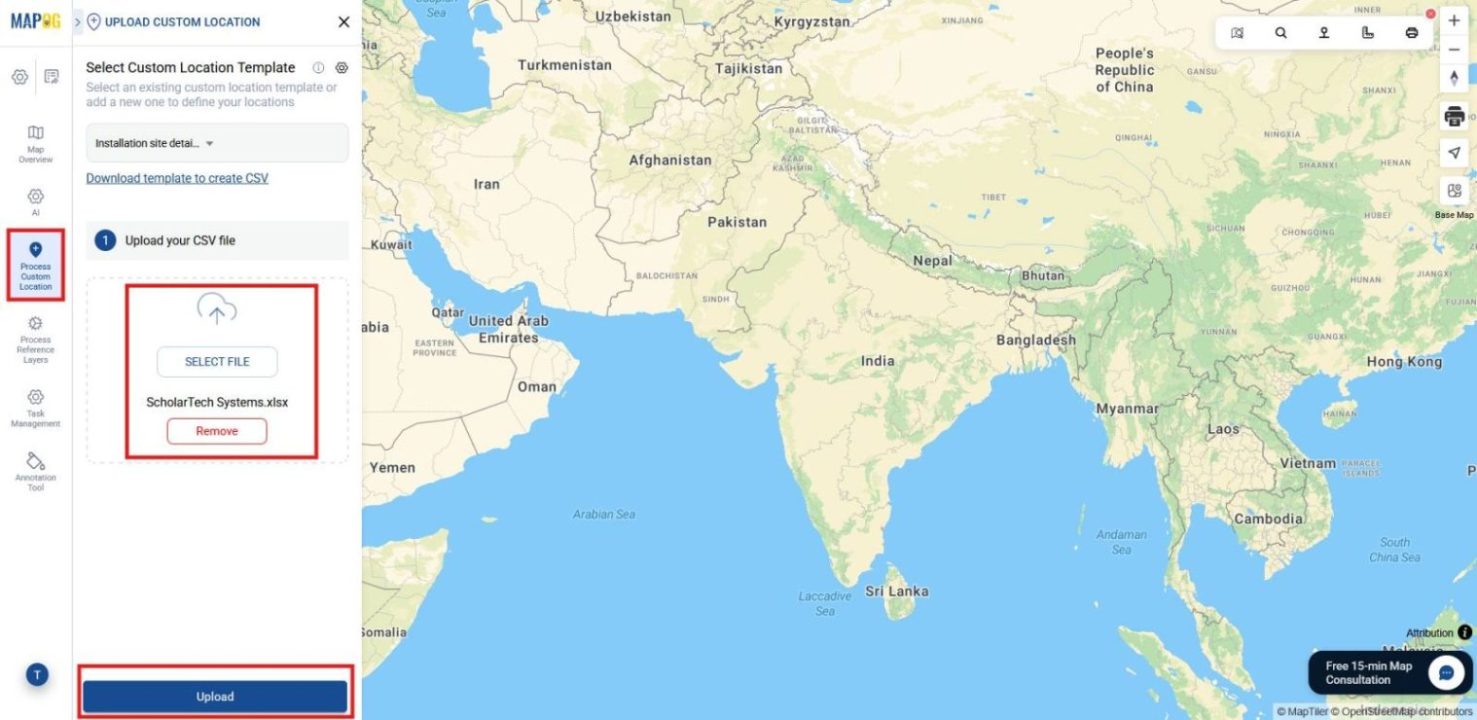 Bulk CSV/Excel upload screen to import multiple sites for project setup.