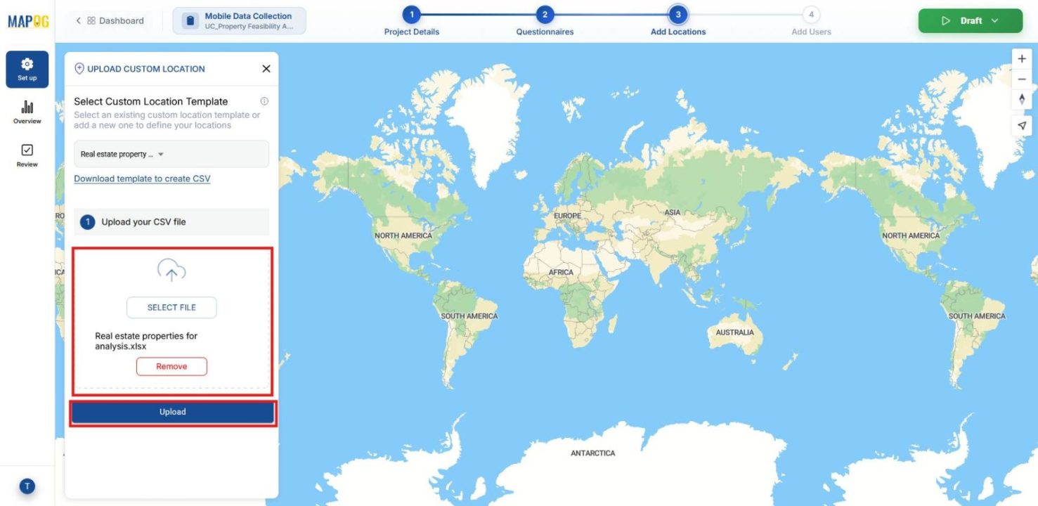Shows browsing and uploading the CSV/Excel file.
