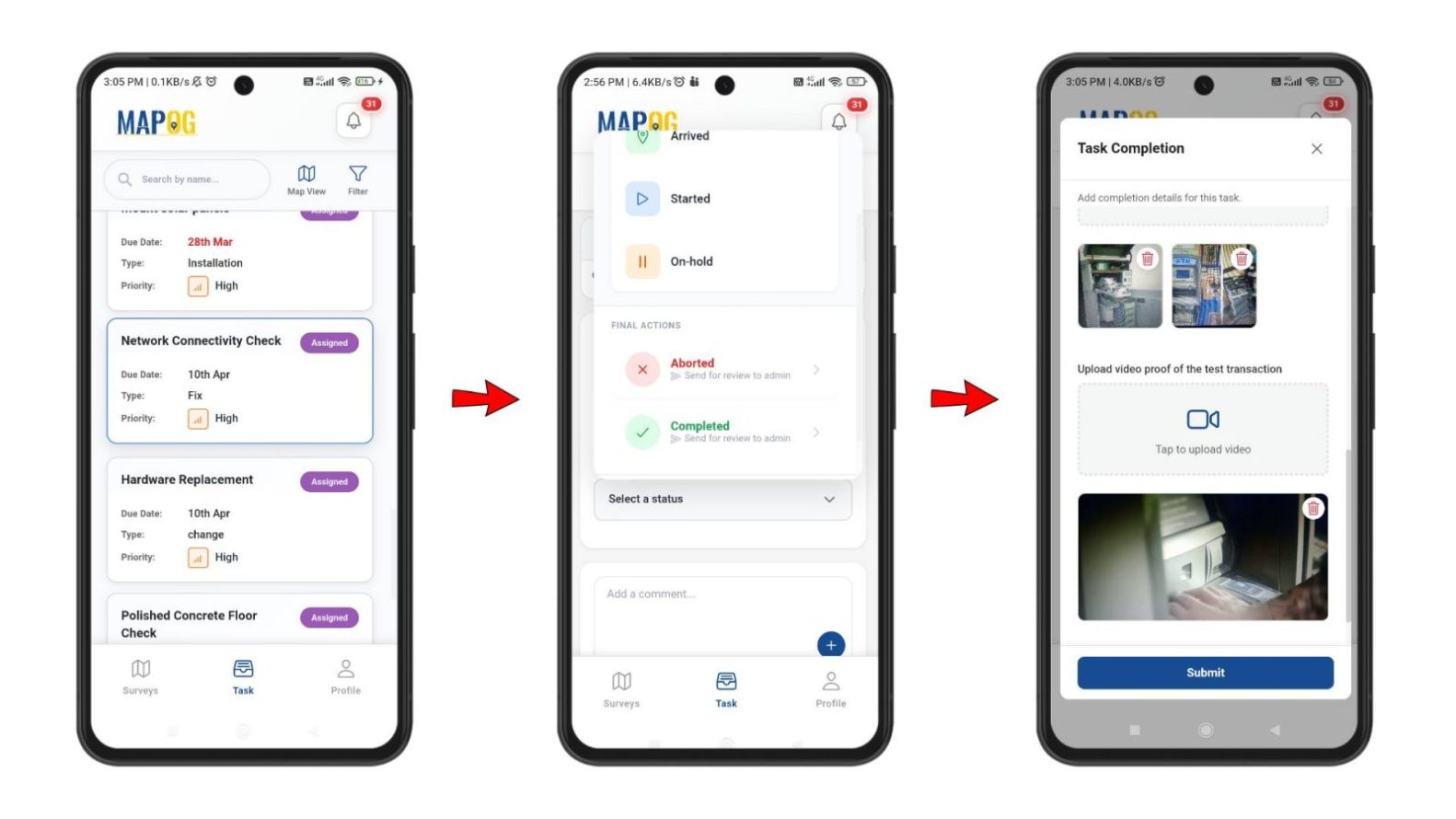 Updating task status and submitting completion form in MAPOG Contributor app.