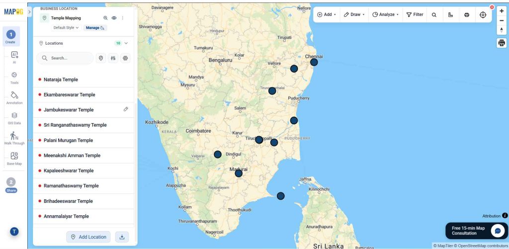 Points displayed on the map