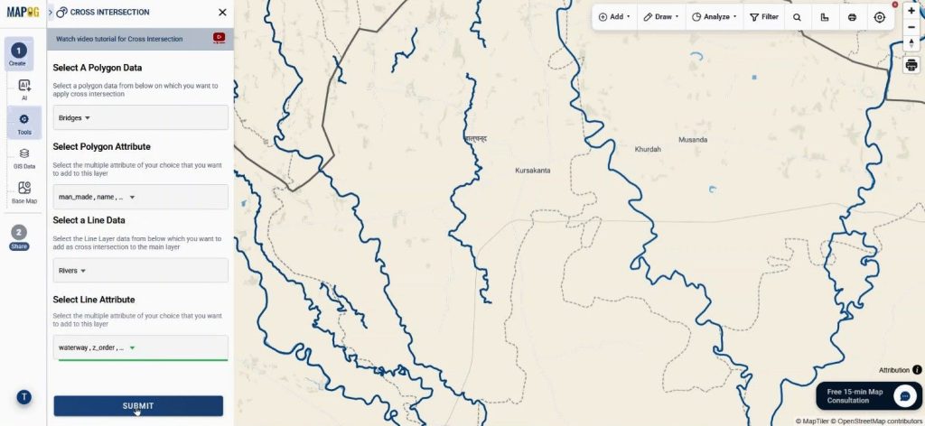 Cross Intersection tool used to Analyze Bridge River Crossings and generate intersection area