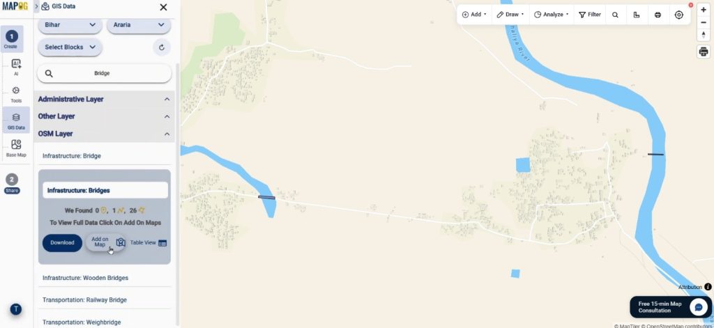 GIS data layers added to Analyze Bridge River Crossings including bridges