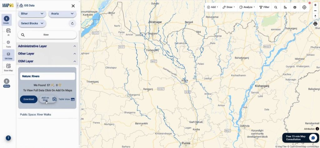 GIS data layers added to Analyze Bridge River Crossings including rivers