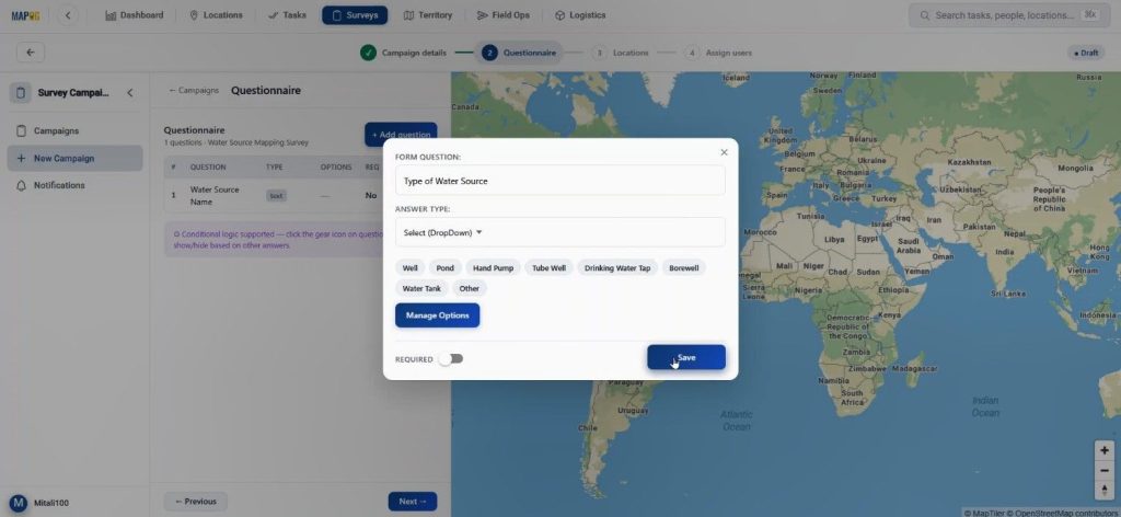 Collect Location-Based Field Data survey campaign with questionnaire settings