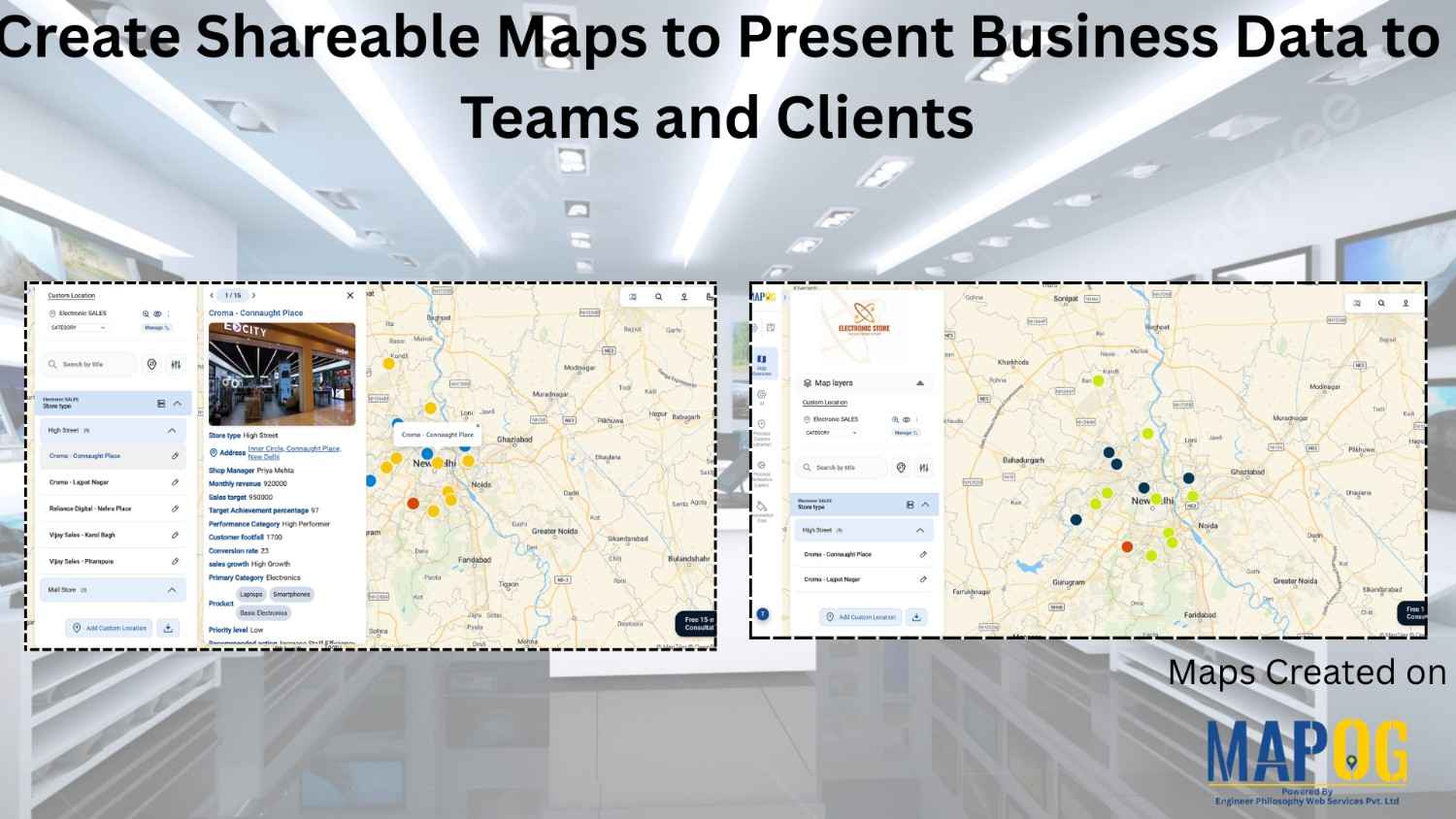 Interactive map showing business data locations, performance insights, and team collaboration