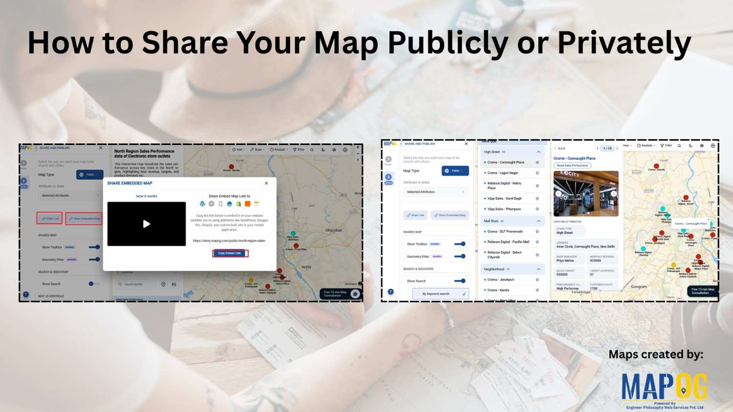 Person sharing a digital map publicly or privately using online map settings