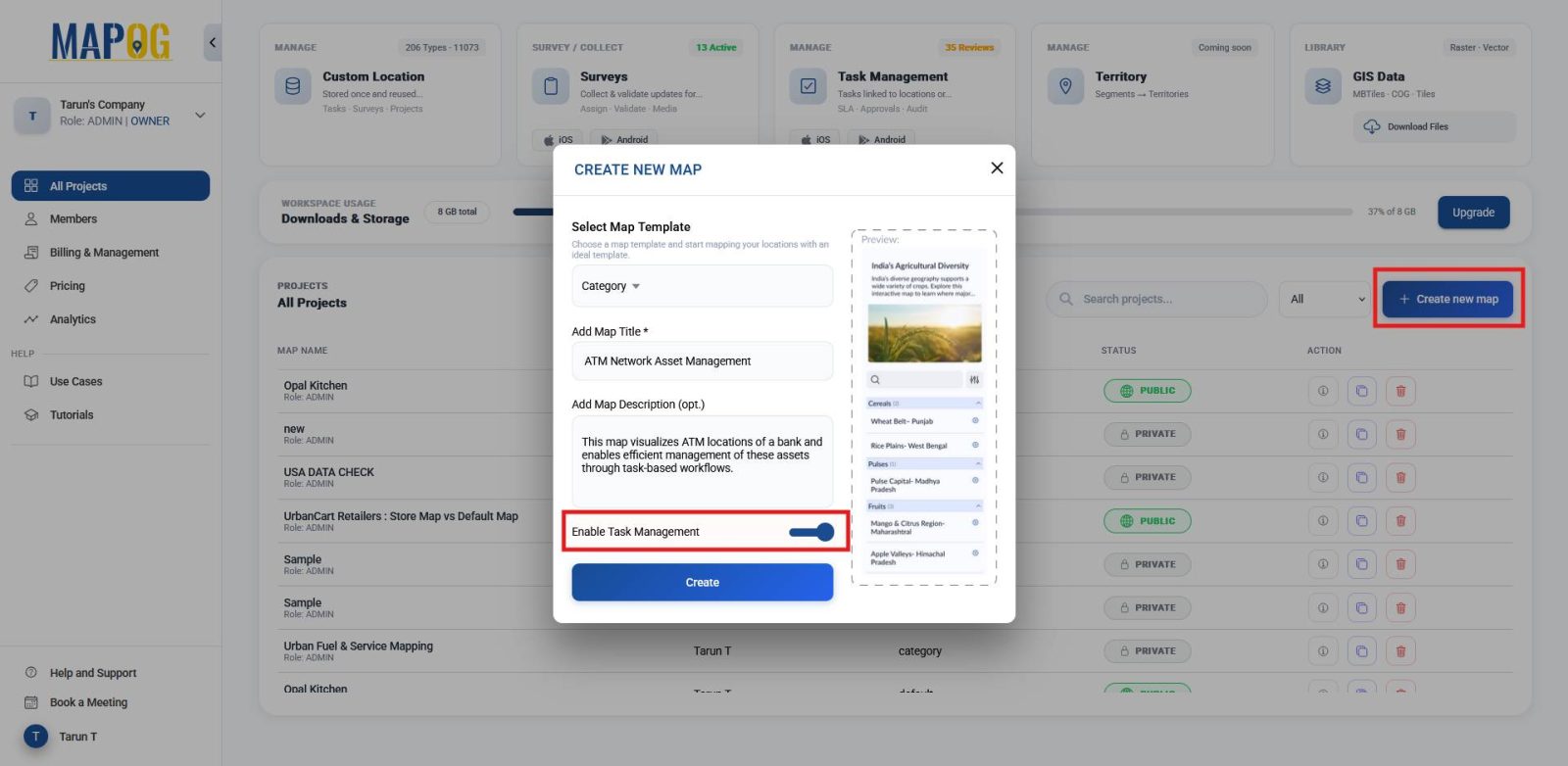 Creating new map with task management enabled to map and manage business assets.