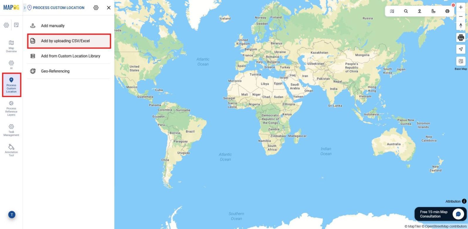 Uploading asset locations in bulk using add by uploading CSV or Excel file option.