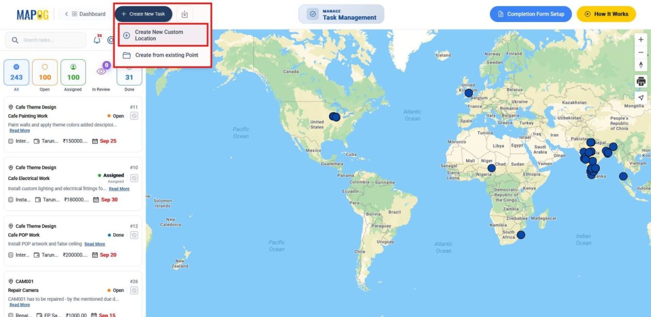 Clicking Create New Task and selecting custom location or existing point