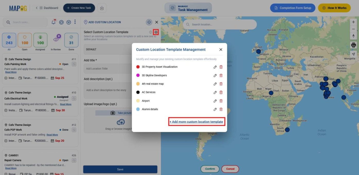 Accessing custom location template settings in MAPOG dashboard