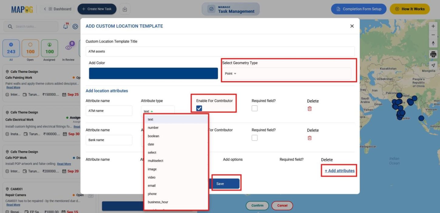 Creating location template with attributes like name type and address to map and manage business assets.