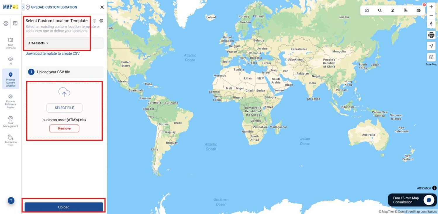 Selecting location template and uploading dataset with coordinates to map and manage business assets.