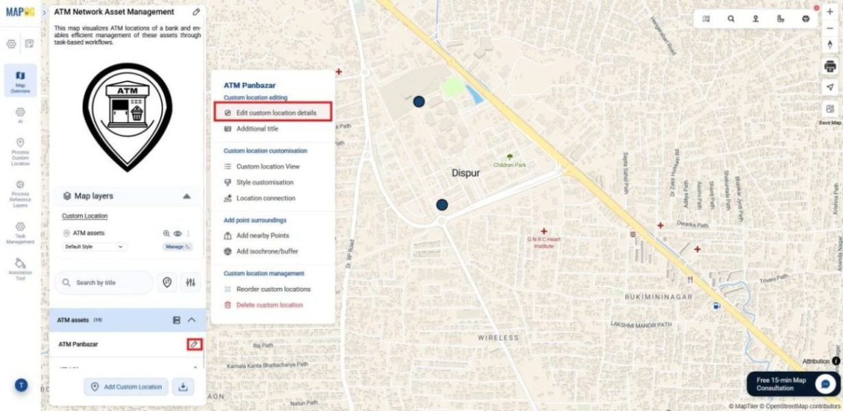 Editing asset details using pencil icon on mapped location.