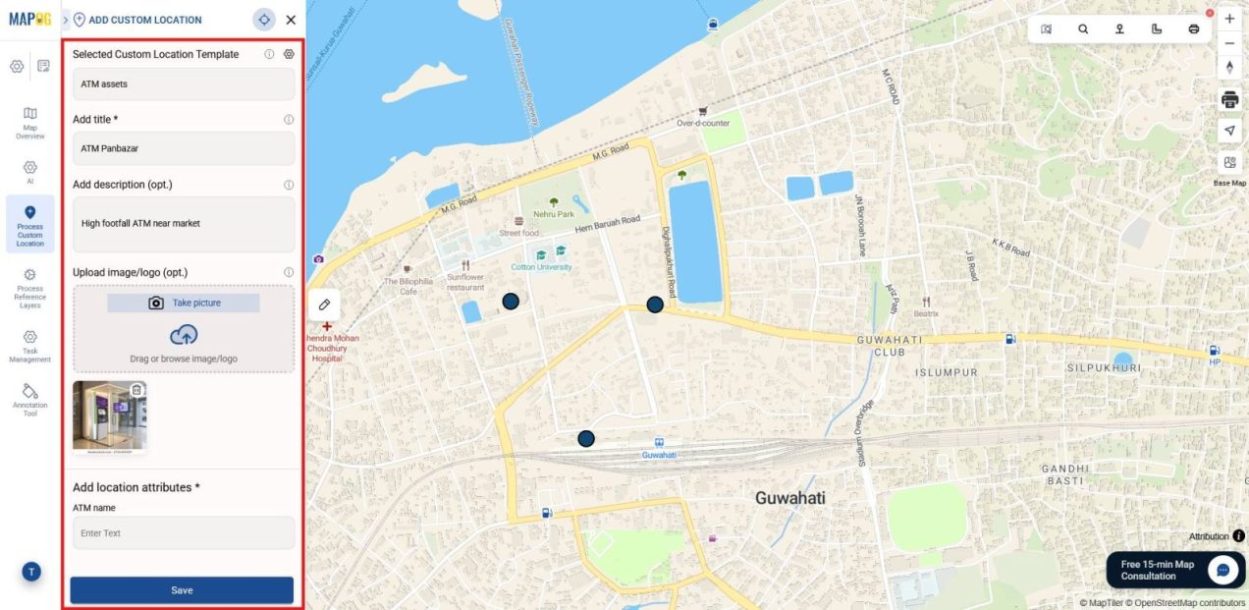 Updating asset information with description images and location details to map and manage business assets.