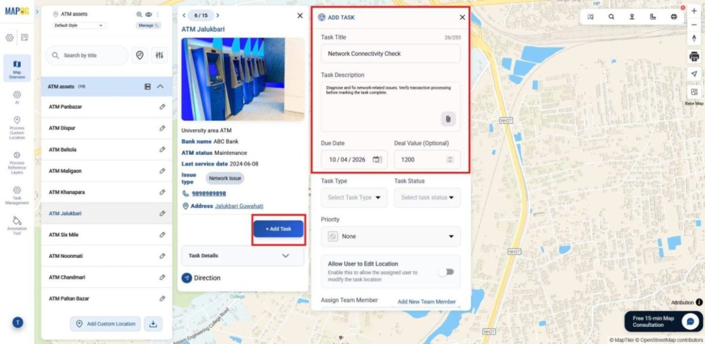 Adding task to asset location with title description and due date.