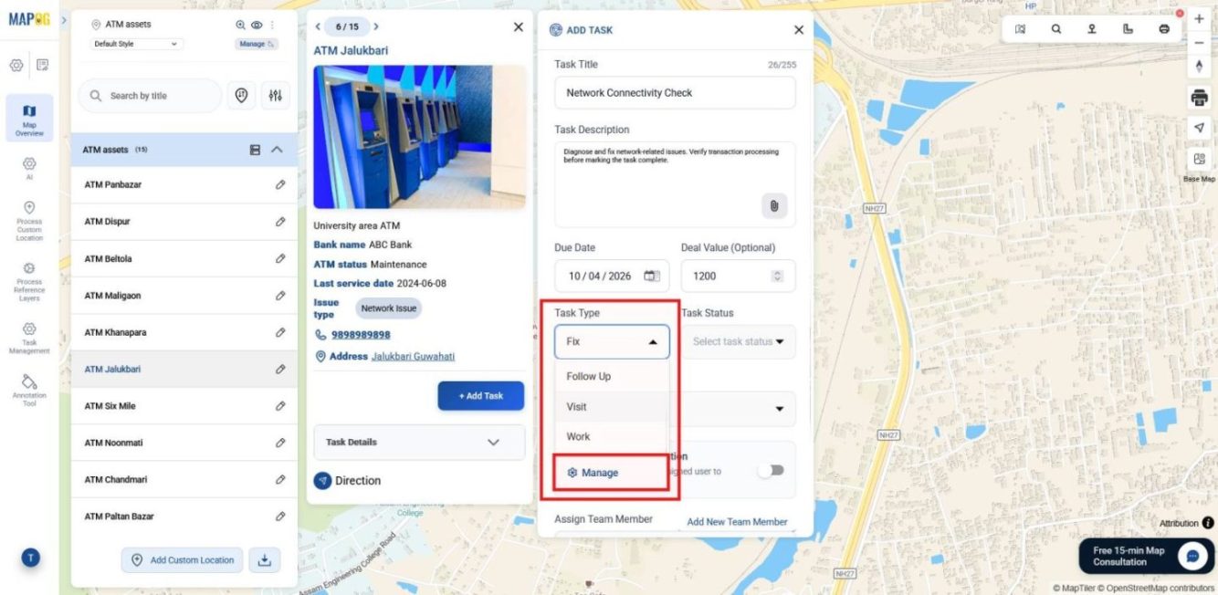 Selecting or creating task type for asset management workflow.