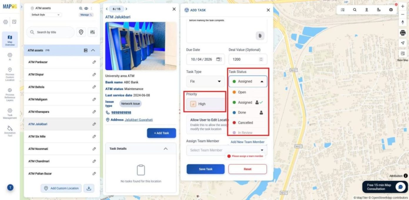 Setting task status and priority levels to map and manage business assets effectively.