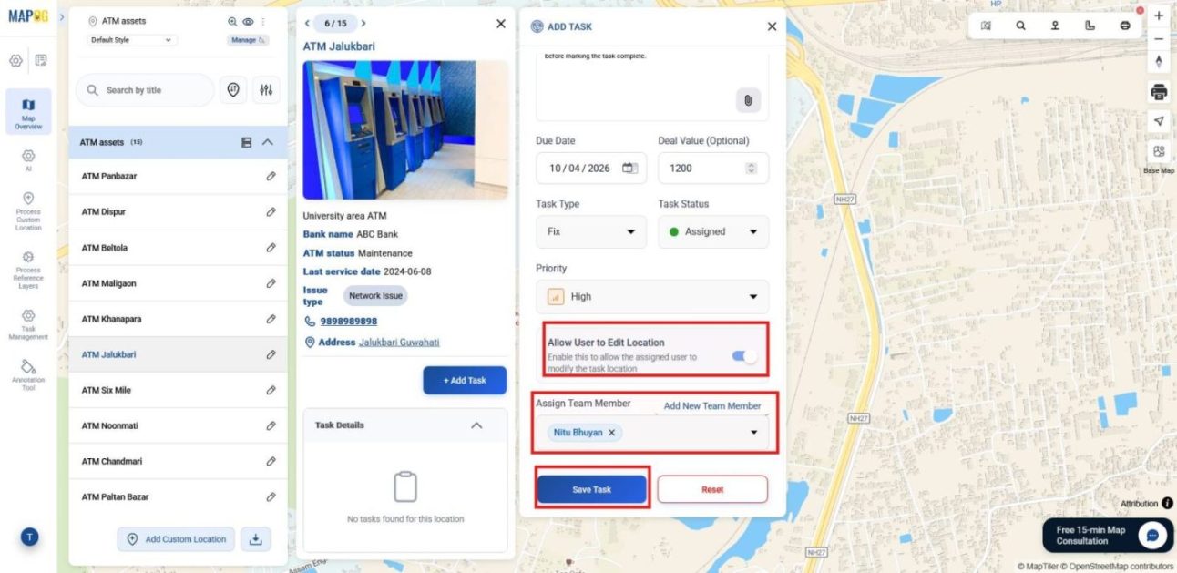 Assigning users and enabling location edit access for onsite updates.