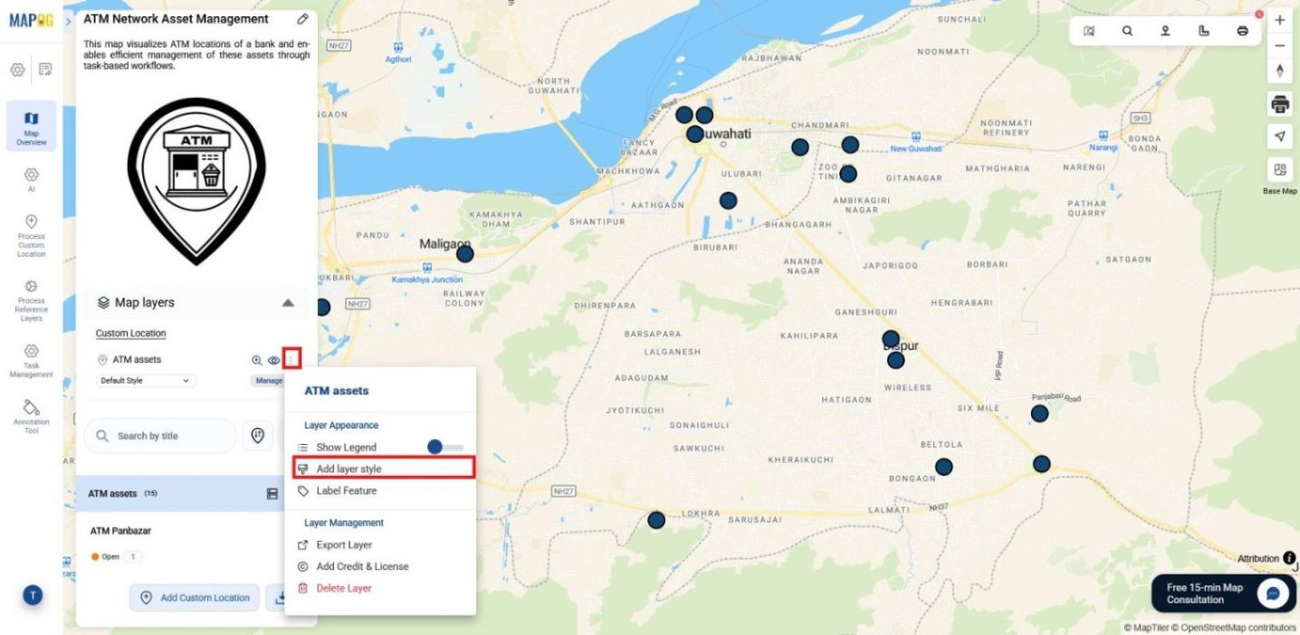 In map layers opening layer style section to style and manage business assets visually.