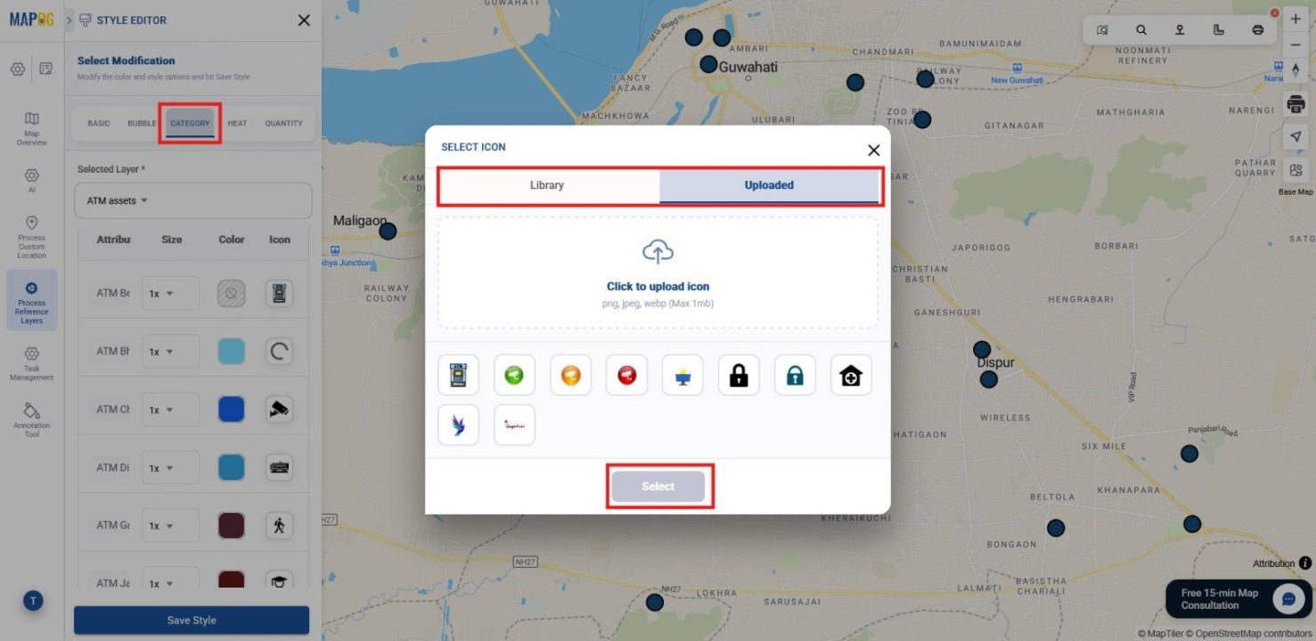 Selecting attribute in category section and applying custom icons to asset points.