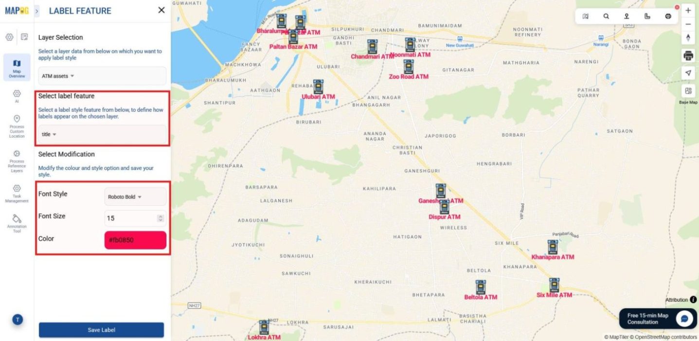 Adding labels using attributes with font color and size settings to map and manage business assets.