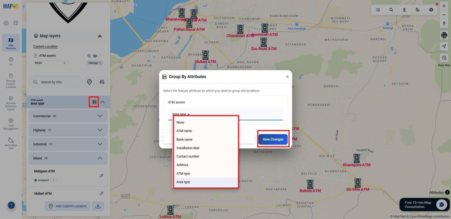 Grouping asset locations by attributes like type or category.