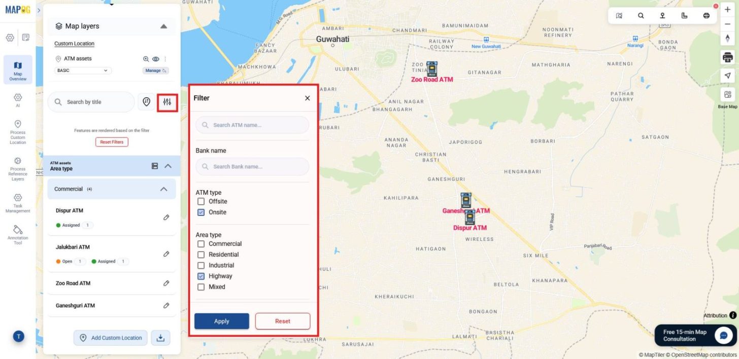 Filtering asset data based on type and status on map.