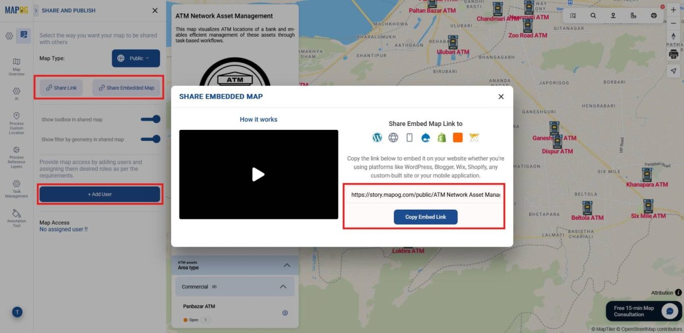 Previewing and sharing map with user roles for asset collaboration.