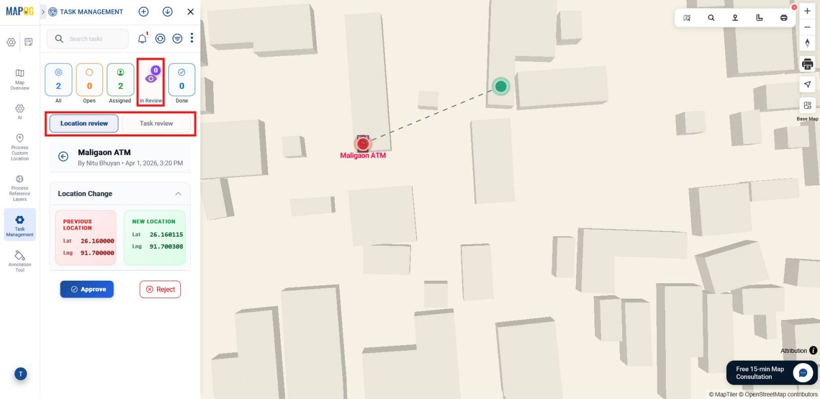 Reviewing and approving location updates for asset accountability.