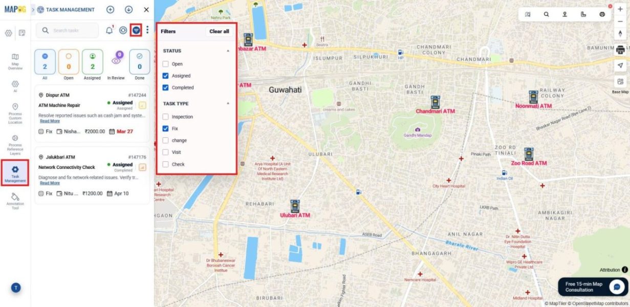 Tracking task progress in dashboard with filters and live updates to map and manage business assets.