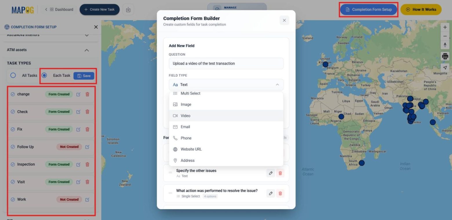 Creating task-specific completion form for validation and reporting.