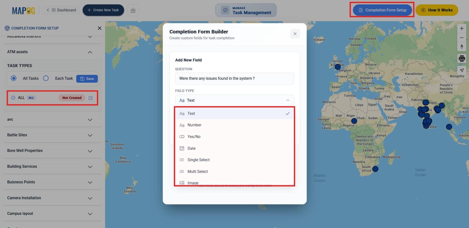 Setting up completion form in the location template with task validation fields.