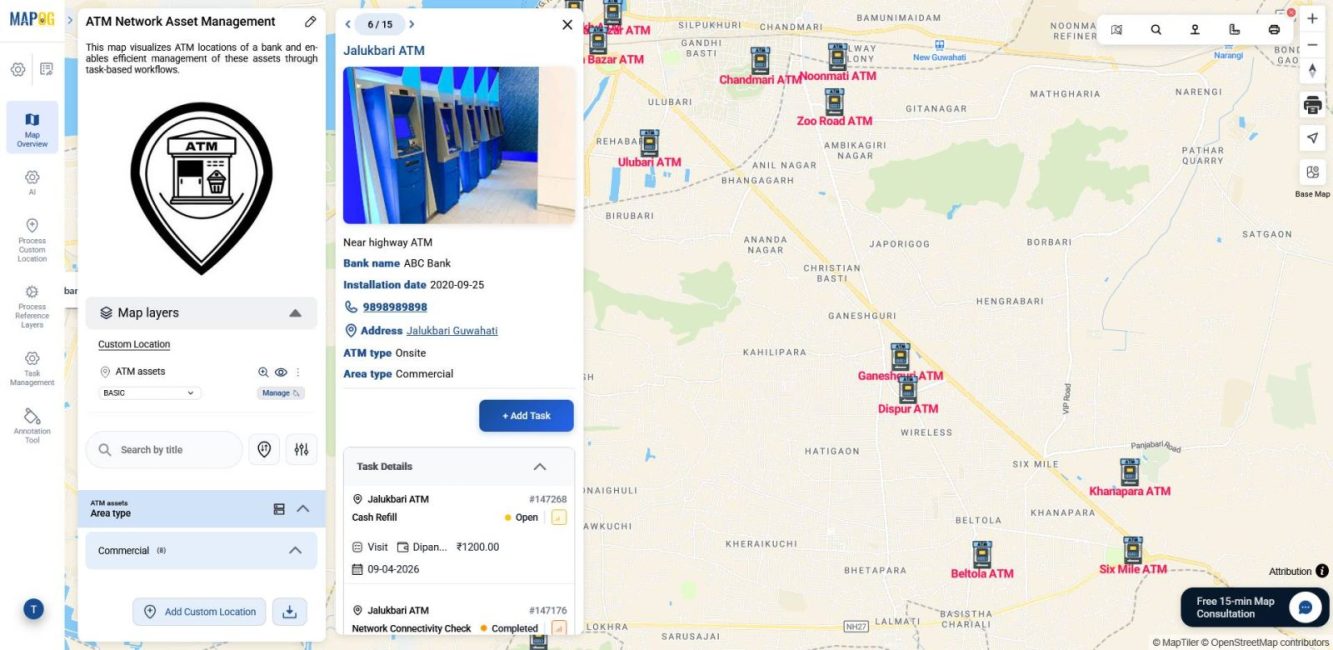 Interactive map displaying asset locations with details panel and tasks to map and manage business assets.